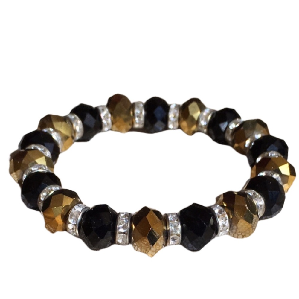 LUXERY VINTAGE GLAM STRETCH  BRACELET GOLD BLACK GLASS BEADS SILVER SPAC…